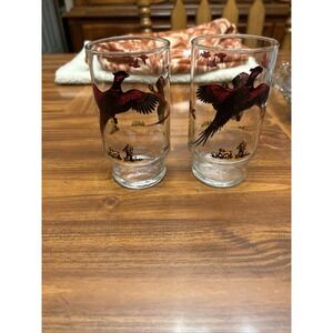 Set 2 Hazel Atlas‎ 1950's Pheasant Hunting Glasses Dog Tumbler